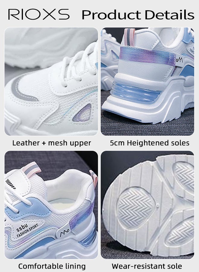 ريوكس حذاء رياضي نسائي بقاعدة سميكة، حذاء رياضي بقاعدة سميكة 5 سم للسيدات، حذاء رياضي مريح وقابل للتنفس، حذاء خفيف الوزن برباط للمشي، حذاء رياضي عصري غير رسمي بنعل مانع للانزلاق للارتداء في الشارع، الجري والركض والمشي والتمارين الرياضية والملابس اليومية، حذاء رياضي أزرق وأبيض - Image 5